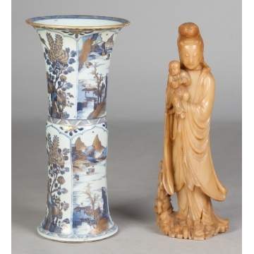 Chinese Porcelain Vase & Soapstone Guanyin Fig. w Child