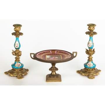 One Royal Vienna Compote & 2 Sevres Style  Candlesticks