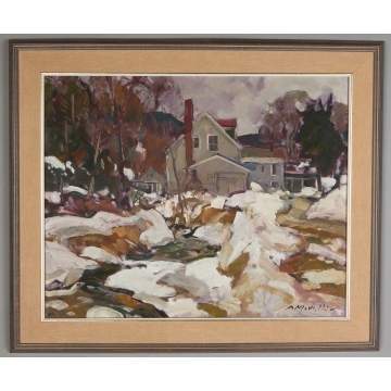 Charles Joseph Movalli (American, 1945-2016)  Winter Scene with house/stream