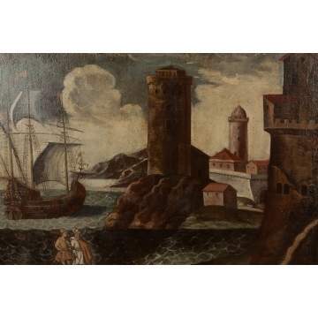 Old Masters Style Harbor Scene of Two Figures