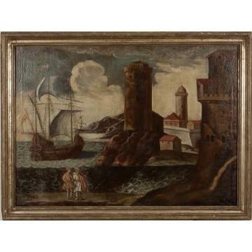 Old Masters Style Harbor Scene of Two Figures