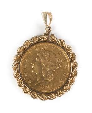 1897 Twenty Dollar Liberty Head Gold Coin Mounted  in a Pendant