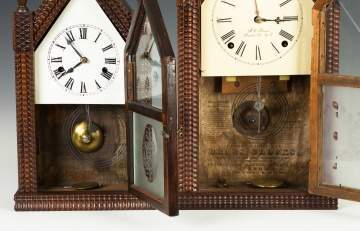 Two J.C. Brown Ripple Front Steeple Shelf Clocks