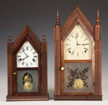 Two J.C. Brown Ripple Front Steeple Shelf Clocks