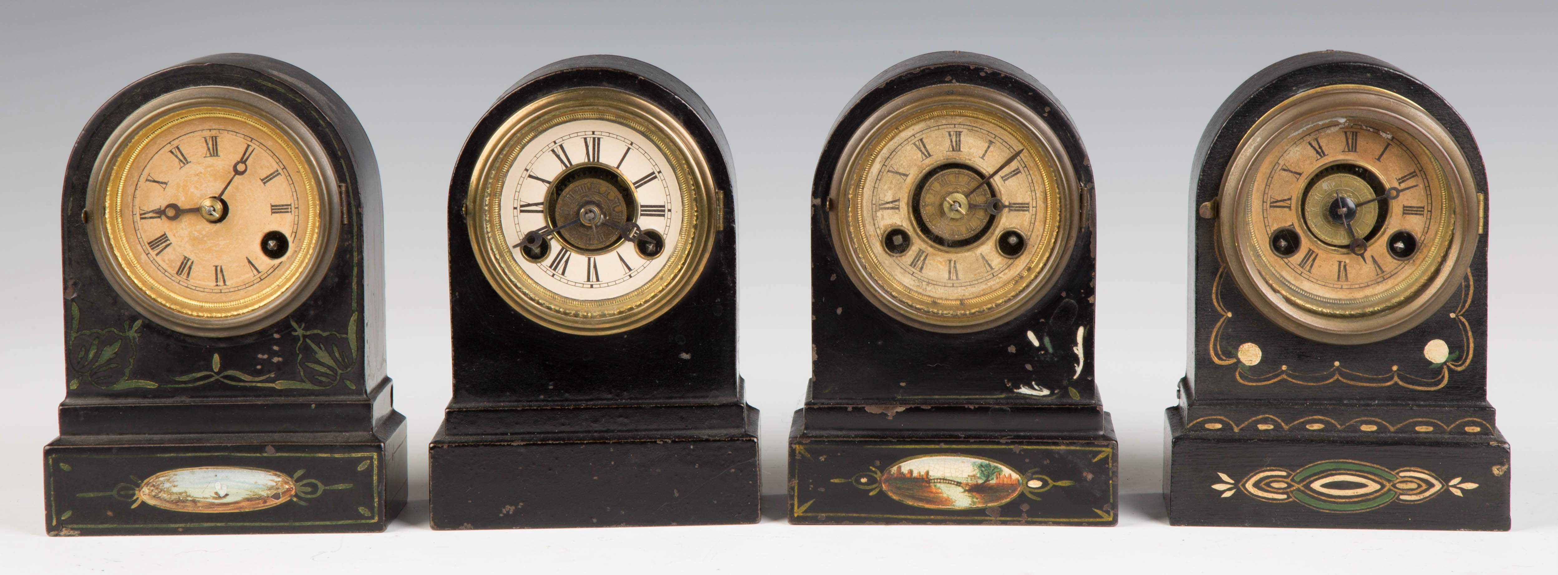 Terry Clock Co. Miniature Iron Round Top Shelf Clocks | Cottone Auctions