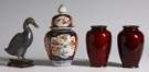 Jade Duck & Imari Jar; Pair Cloisonne Vases 