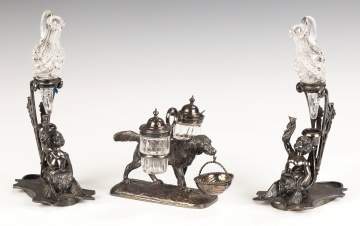 Victorian Silver Plate Condiment Set and Bud Vases  with Cherubs