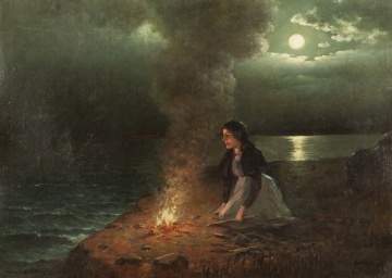 Attributed to Lemuel Maynard Wiles  (American,  1826-1905) Lady by a Lakeside Fire