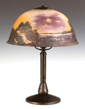 Pittsburgh Reverse Painted Lamp, Moonscape with  House