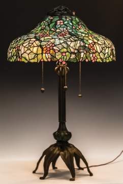 Leaded Glass Table Lamp with Flowers and Spider  Webs