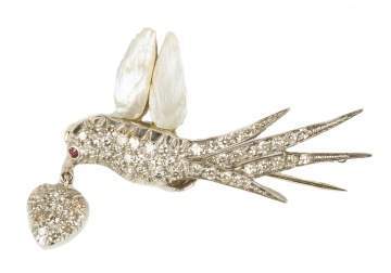 Platinum Bird Pin with Fresh Water Pearl Wings & Diamonds