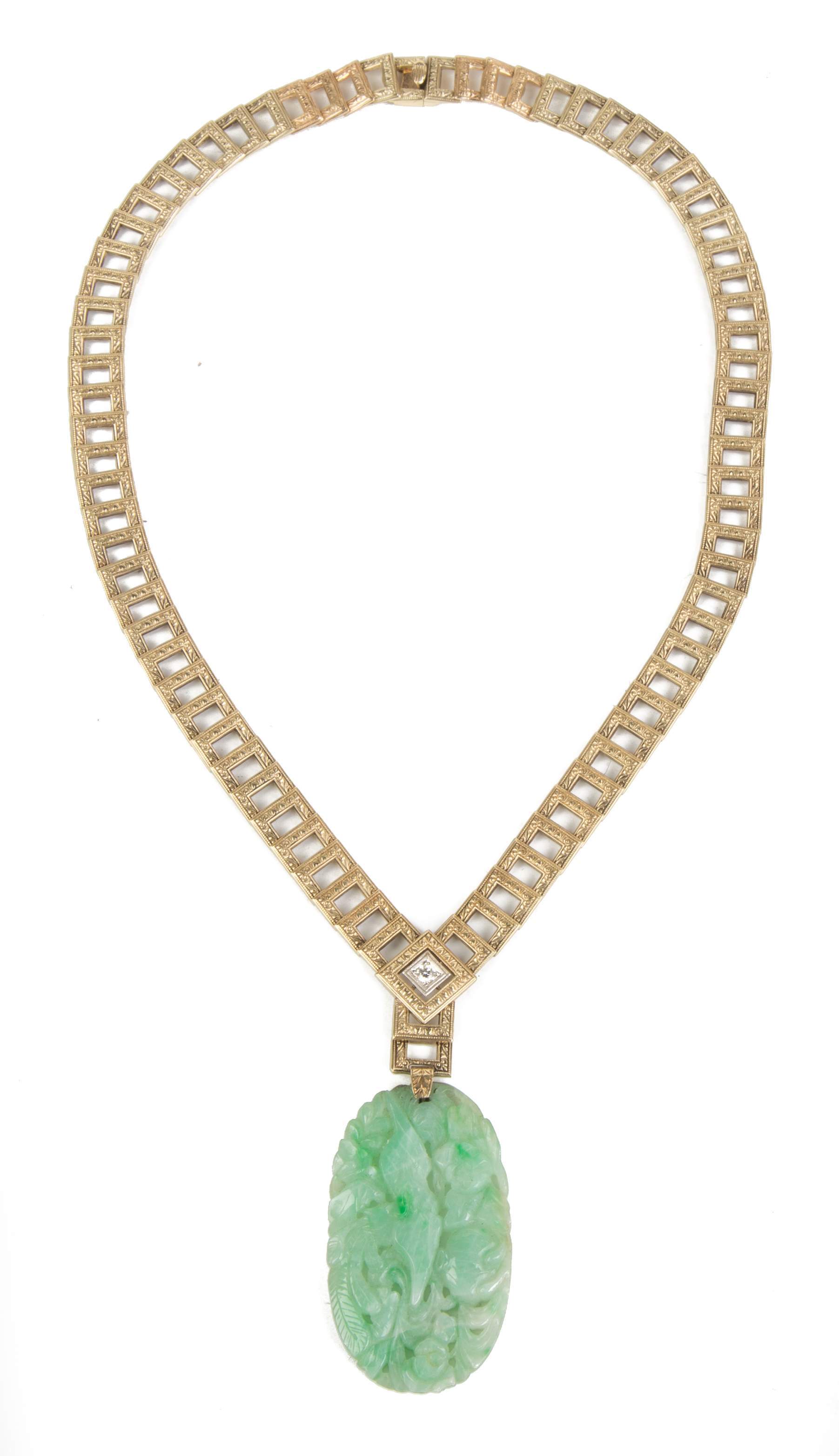 14k Gold Necklace With Carved Jade Pendant Cottone Auctions 