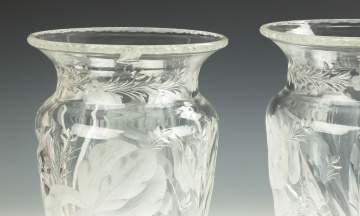 Pair of Hawkes Cut Glass Vases with Irises