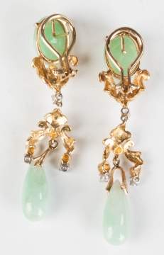 Vintage 14K Gold, Jade and Diamond Earrings