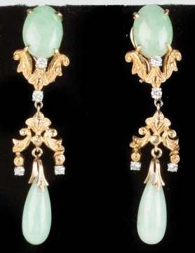 Vintage 14K Gold, Jade and Diamond Earrings