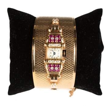 Vintage Lucerne 14K Rose Gold Bracelet Watch with  Rubies and Diamonds, Retro Design