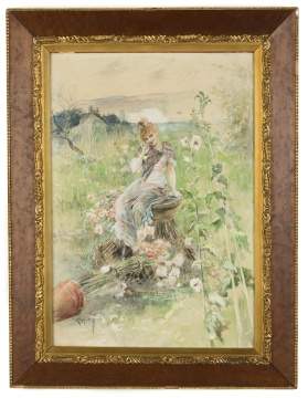 Signed Watercolor of a Young Girl with Flowers