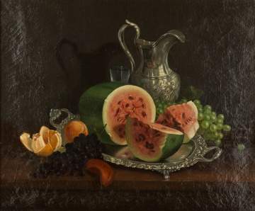 Francois De Blois  (American/Canadian, 1829 -  1913) Still Life with Watermelon, Fruit and Silver