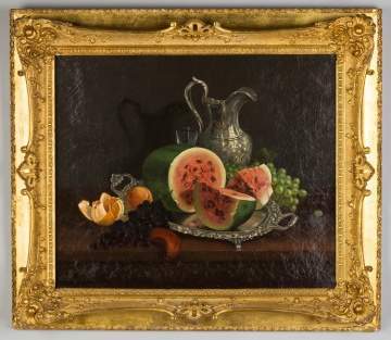 Francois De Blois  (American/Canadian, 1829 -  1913) Still Life with Watermelon, Fruit and Silver