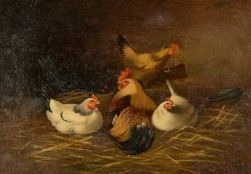 Painting of Rooster and Chickens, Late 19th  Century