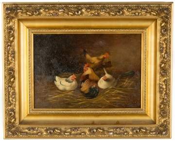 Painting of Rooster and Chickens, Late 19th  Century