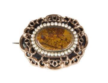 Vintage 10K Gold, Agate and Natural Split Pearls Brooch