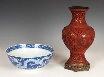Chinese Porcelain Bowl & Cinnabar Vase