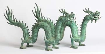 Pair of Asian Patinaed Metal Dragons