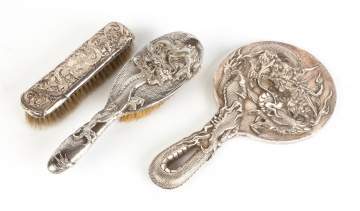 Three Piece Sterling Dresser Set with Asian Motif
