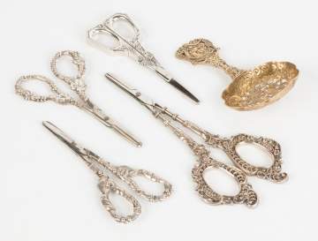 Four Sterling Victorian Grape Scissors and One Serving Piece