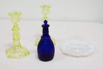 Sandwich Glass Candlesticks with Decanter and Plate