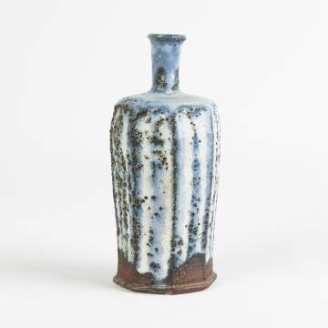 Ulla Hansen (Denmark, B. 1953) Clay Bottle,  Faceted, Blue And White Stripes