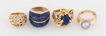 Group of Four Gold Rings with Lapis and Pearl