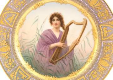 Vienna Hand Painted Enameled Plate, Lady with Harp