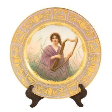 Vienna Hand Painted Enameled Plate, Lady with Harp
