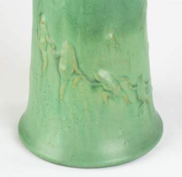 Unusual Teco Vase with Relief Dancing Frogs