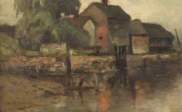 Lake Scene and Houses with Arts and Crafts Frame