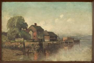 Lake Scene and Houses with Arts and Crafts Frame