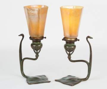 Pair of Tiffany Studios Cobra Candle Lamps