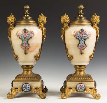 Pair of Gilt Bronze and Cloisonné Enamel Onyx Urns