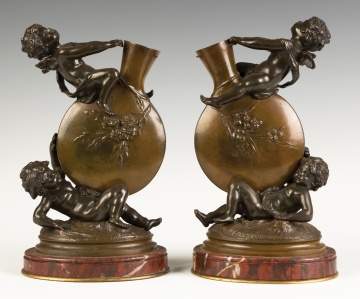 Auguste Moreau (French, 1834-1917) Bronze Cherub Vases with Marble Bases