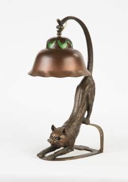 Contemporary Patinaed Brass and Glass Lamp with Cat Base