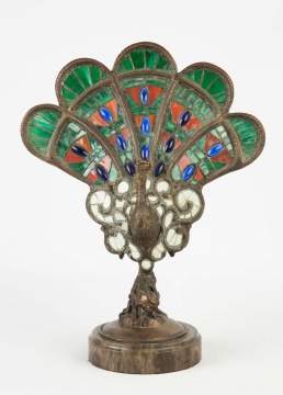 Leaded Glass and Jeweled Peacock Lamp
