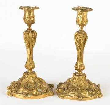 French Gilt Bronze Candlesticks with Insects