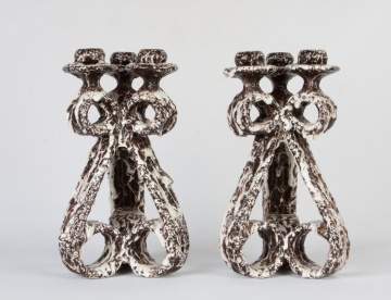 Pair of Lava Glaze Ceramic Vallauris Candelabras by Marius Giuge