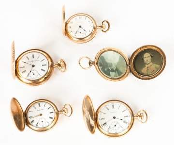Group of Four Gold Pocket Watches & Gold Picture Holder