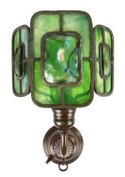 Pair of Tiffany Studios Bronze and Leaded Three Panel Turtleback Sconces