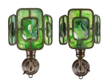 Pair of Tiffany Studios Bronze and Leaded Three Panel Turtleback Sconces