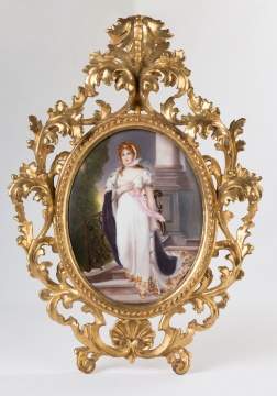 Painted Porcelain Plaque in a Carved Giltwood  Frame