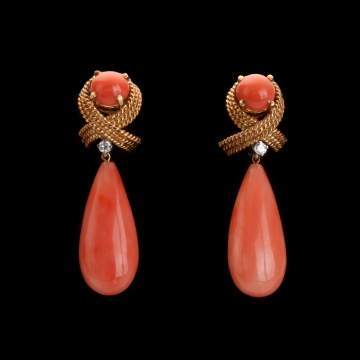 Tiffany & Co. Coral and Diamond 14K Gold Earrings